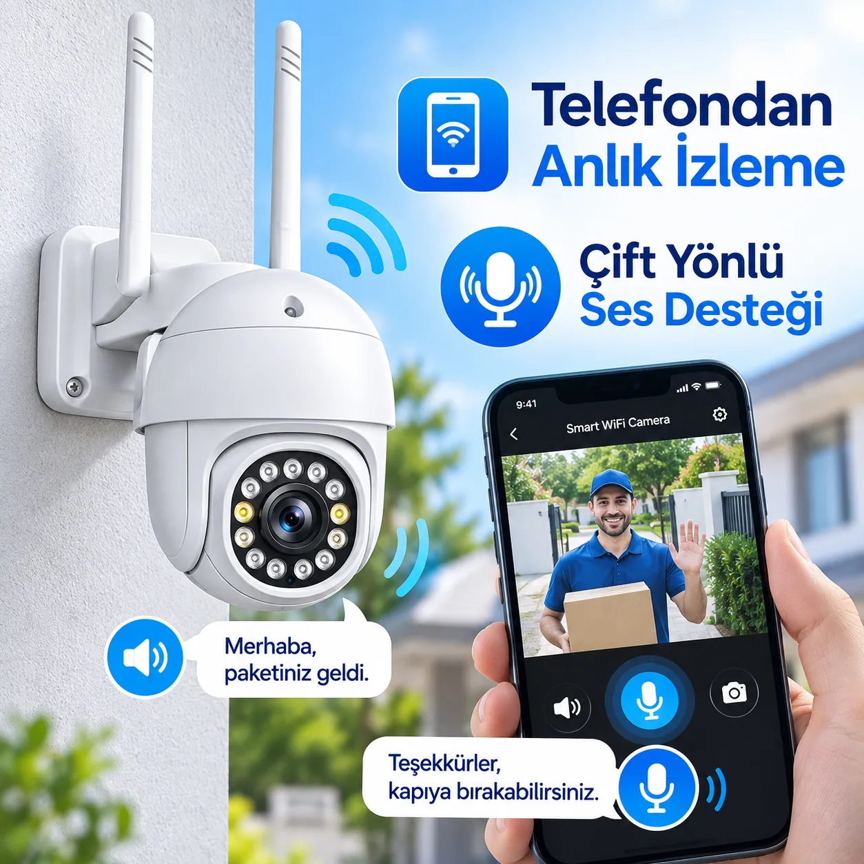 Smart WiFi PTZ Güvenlik Kamerası – Otomatik Takip, Gece Görüşü ve Çift Yönlü Ses