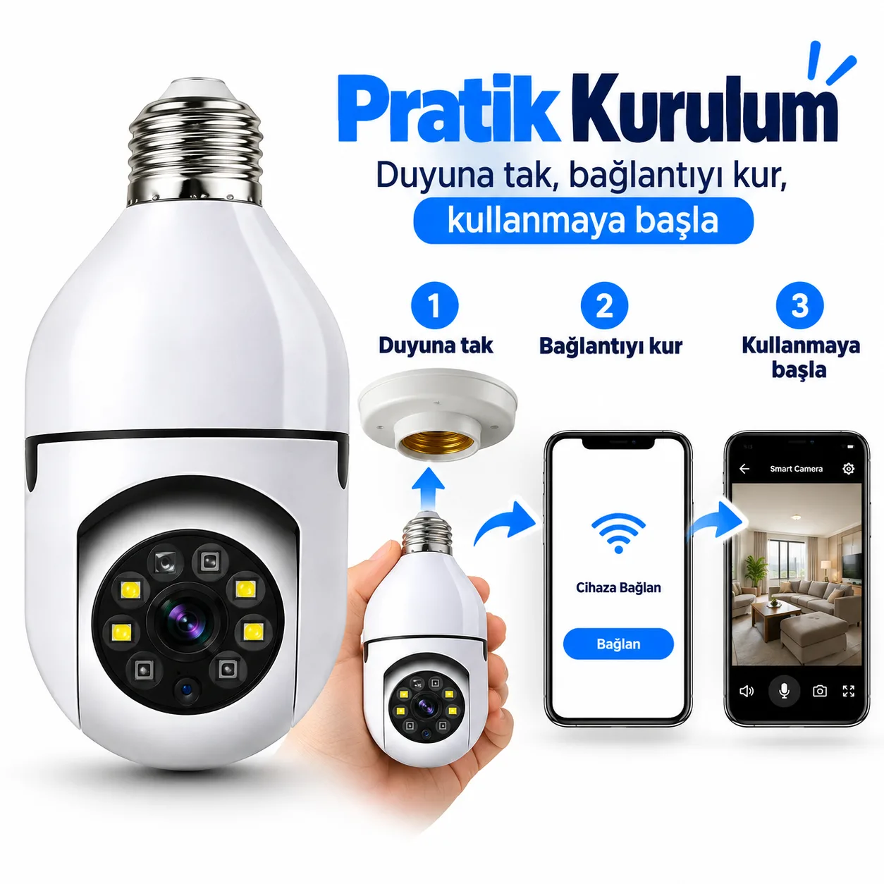1080P Ampul Kamera – WiFi, 360°, Çift Yönlü Ses