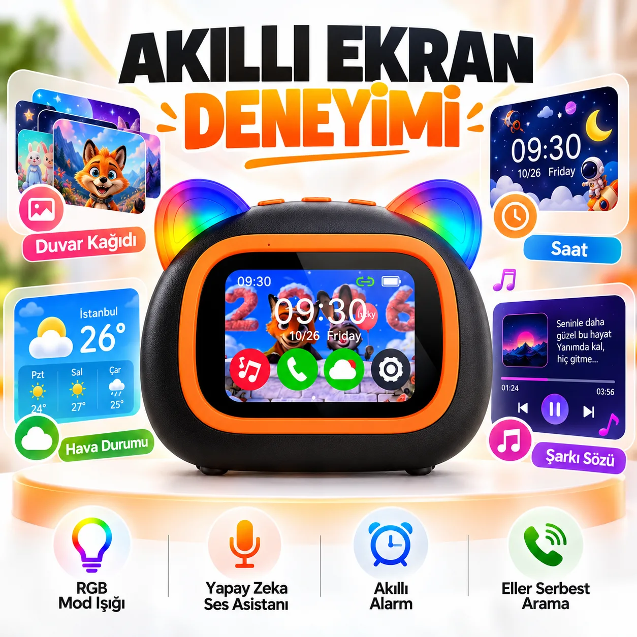 TF39 Pro Akıllı AI Hoparlör – RGB Işık, Sesli Asistan, Akıllı Alarm ve Eller Serbest Arama