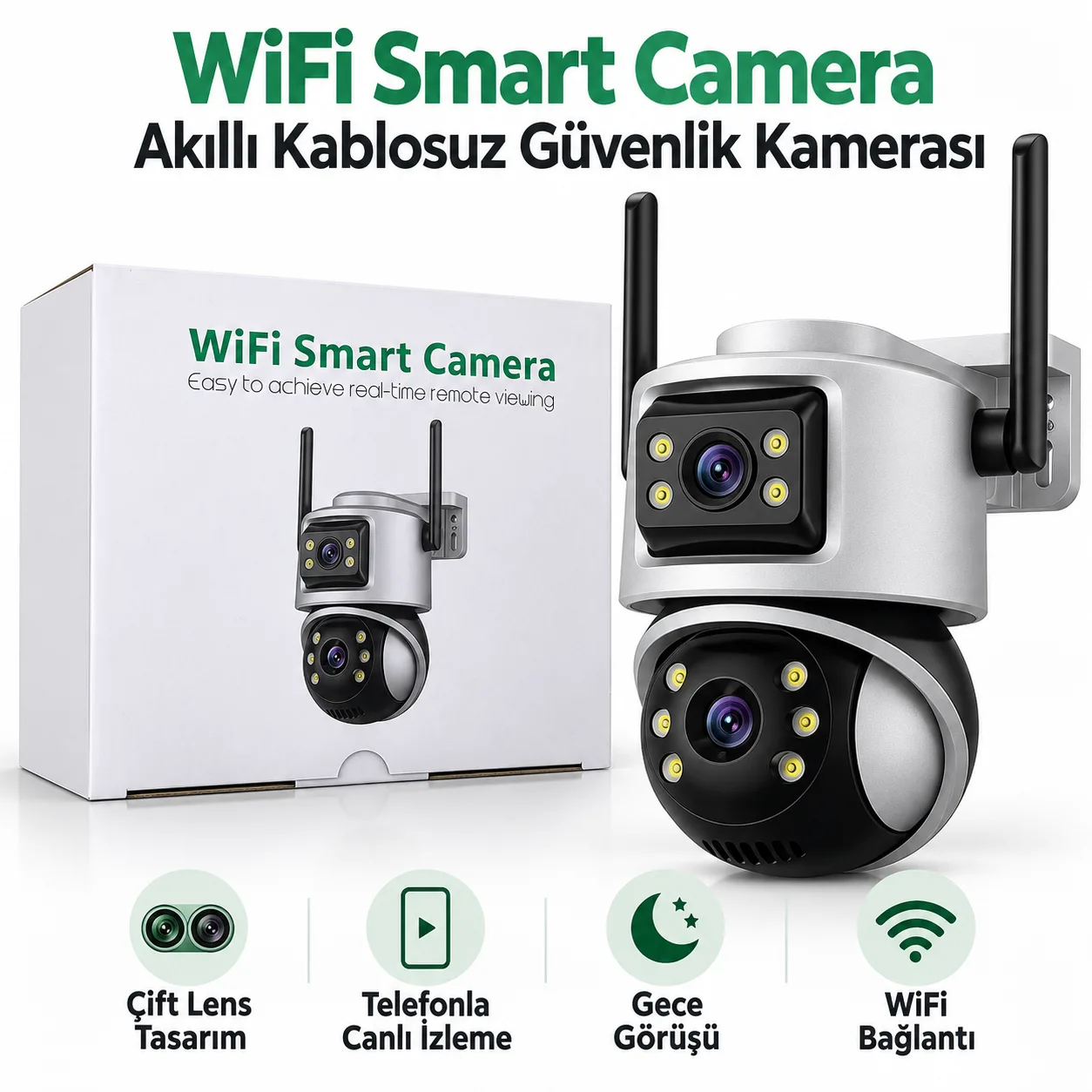 Çift Lens WiFi Akıllı Güvenlik Kamerası – Gece Görüşlü, Telefondan Canlı İzleme