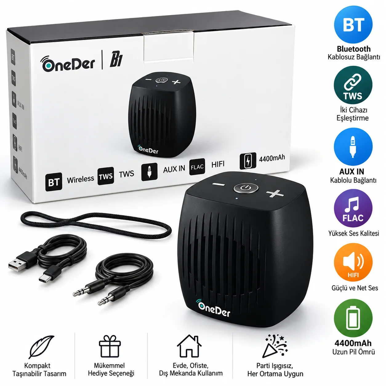 OneDer Bluetooth Hoparlör – TWS, AUX Girişli, FLAC Destekli 4400 mAh Taşınabilir Speaker
