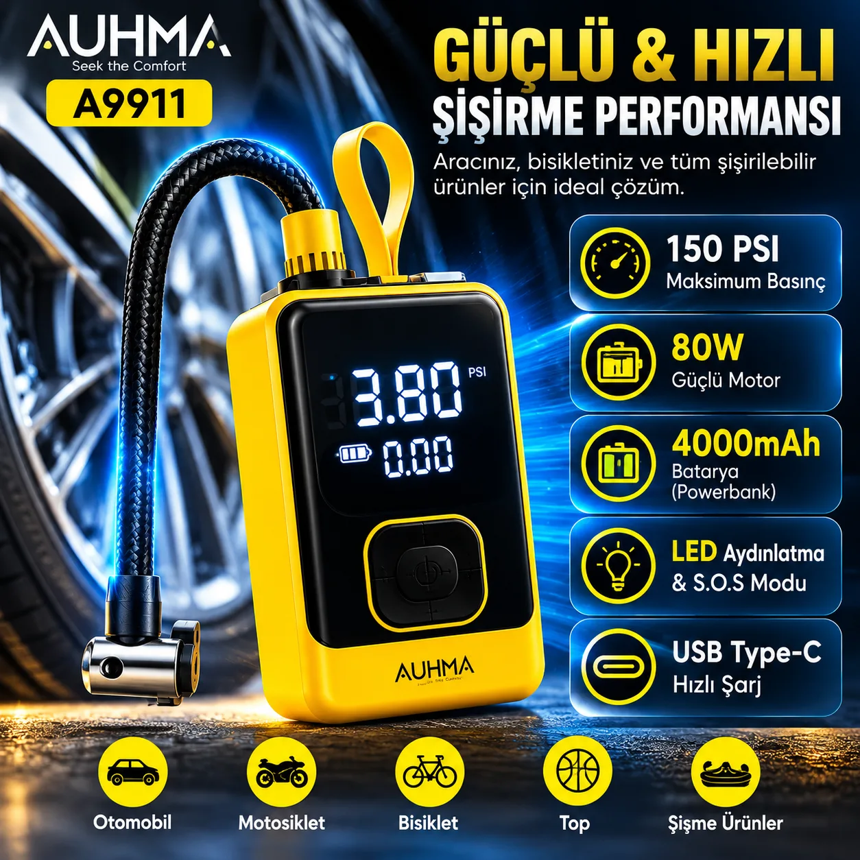 AUHMA A9911 Taşınabilir Dijital Hava Kompresörü – Otomobil, Motosiklet ve Bisiklet Lastik Şişirme Pompası