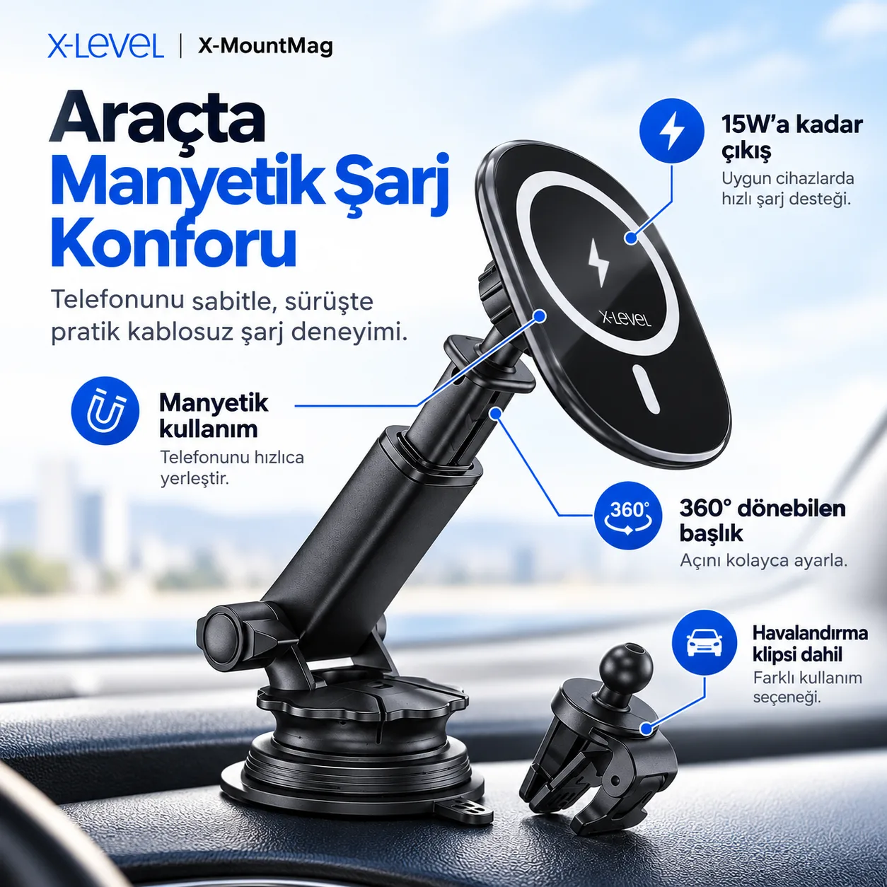 X-Level X-MountMag Manyetik Kablosuz Şarjlı Araç Telefon Tutucu