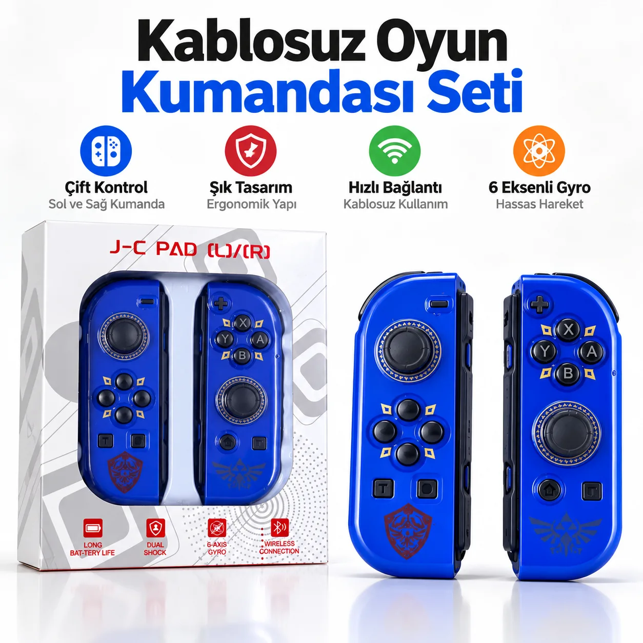 J-C Pad Kablosuz Oyun Kumandası Seti – Sol/Sağ Çift Kontrol, 6 Eksen Gyro ve Titreşim