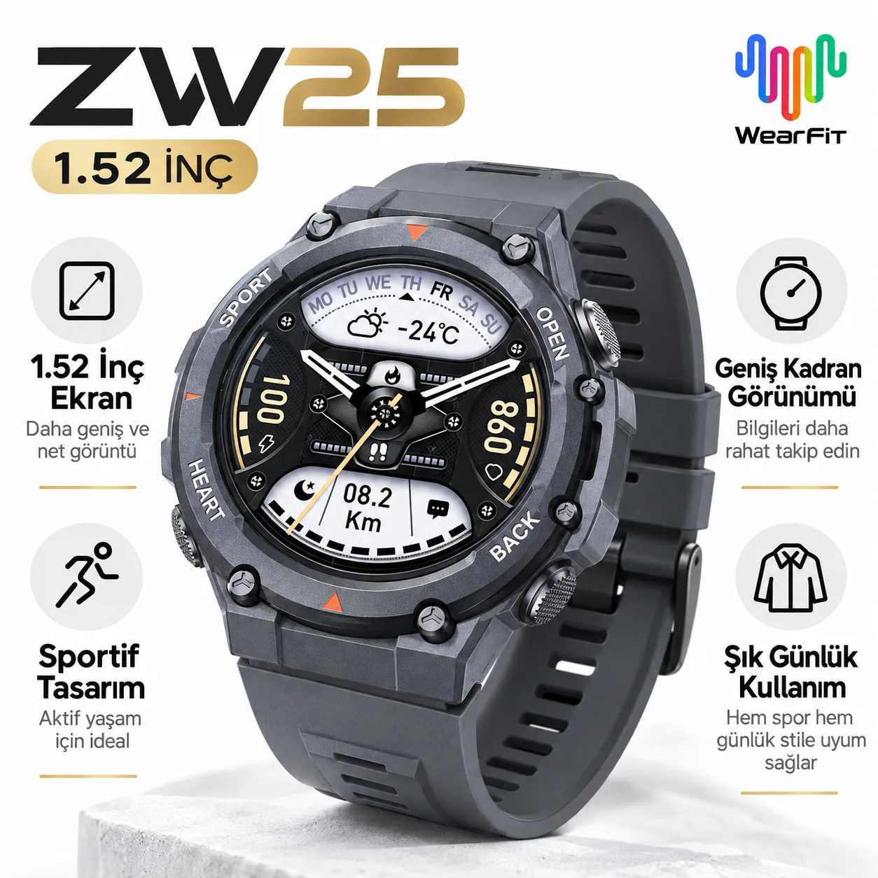 ZW25 Akıllı Saat – 1.52 İnç AMOLED Ekran, Bluetooth Arama, WearFit Pro ve IP67