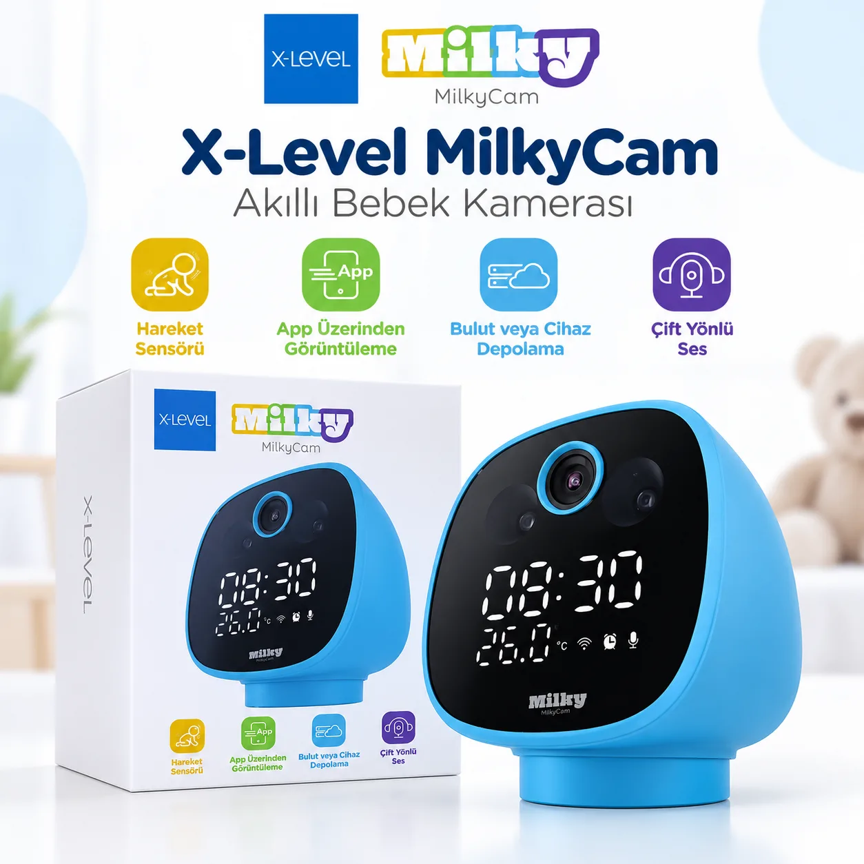 X-Level MilkyCam Akıllı Bebek Kamerası – WiFi, Hareket Sensörü, Çift Yönlü Ses ve Mobil Uygulama