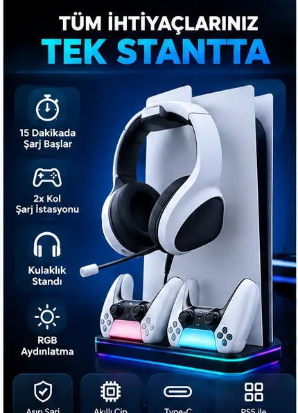 Bakeey PS5 Şarj Standı – Fanlı, RGB, Çift Kol Şarj