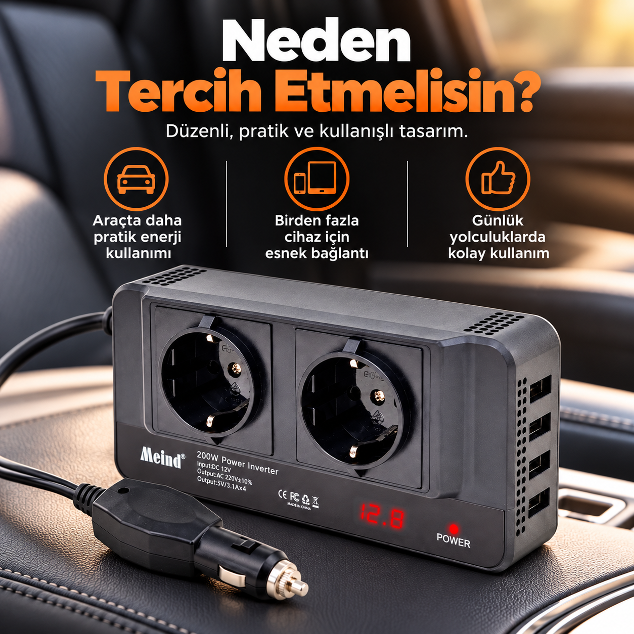 400W Araç İnvertör – 12V 220V Çevirici Araç Çakmaklık , Çift Priz ve 4 USB