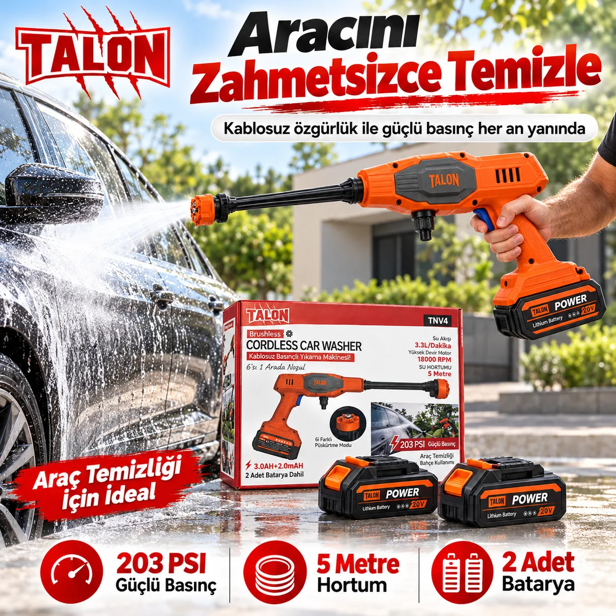 Talon TNV4 Kablosuz Basınçlı Yıkama Makinesi – 203 PSI, Brushless Motor, 2 Bataryalı