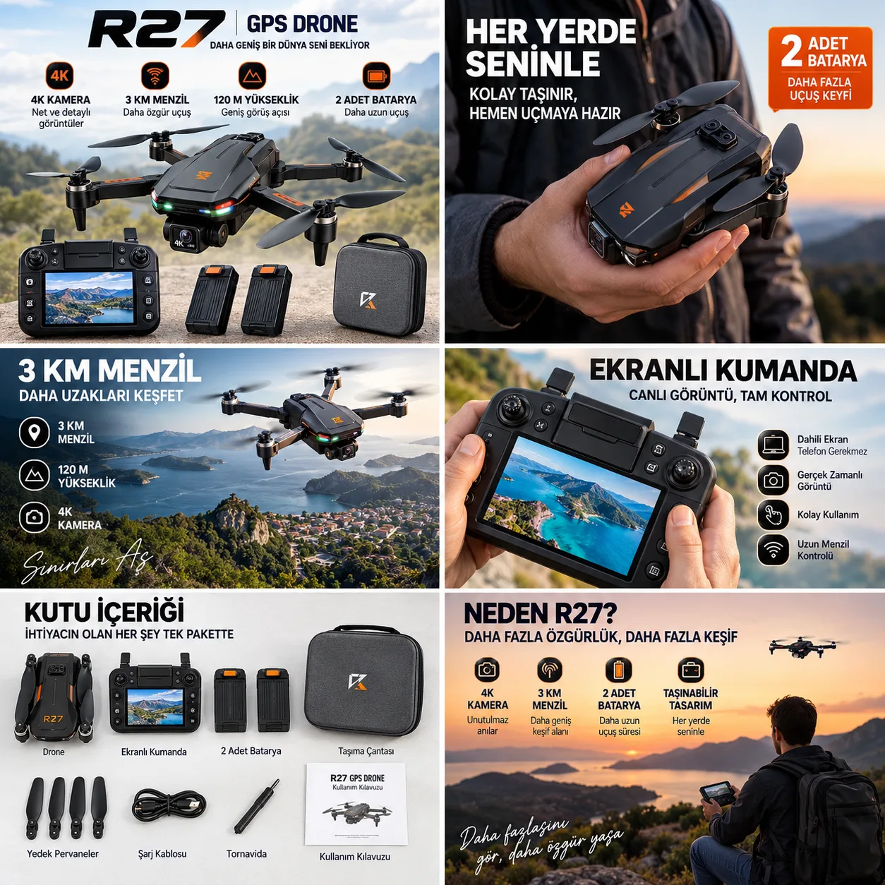 R27 GPS Ultra Drone – 4K, 3 KM, Ekranlı Kumanda – ürün görseli 7