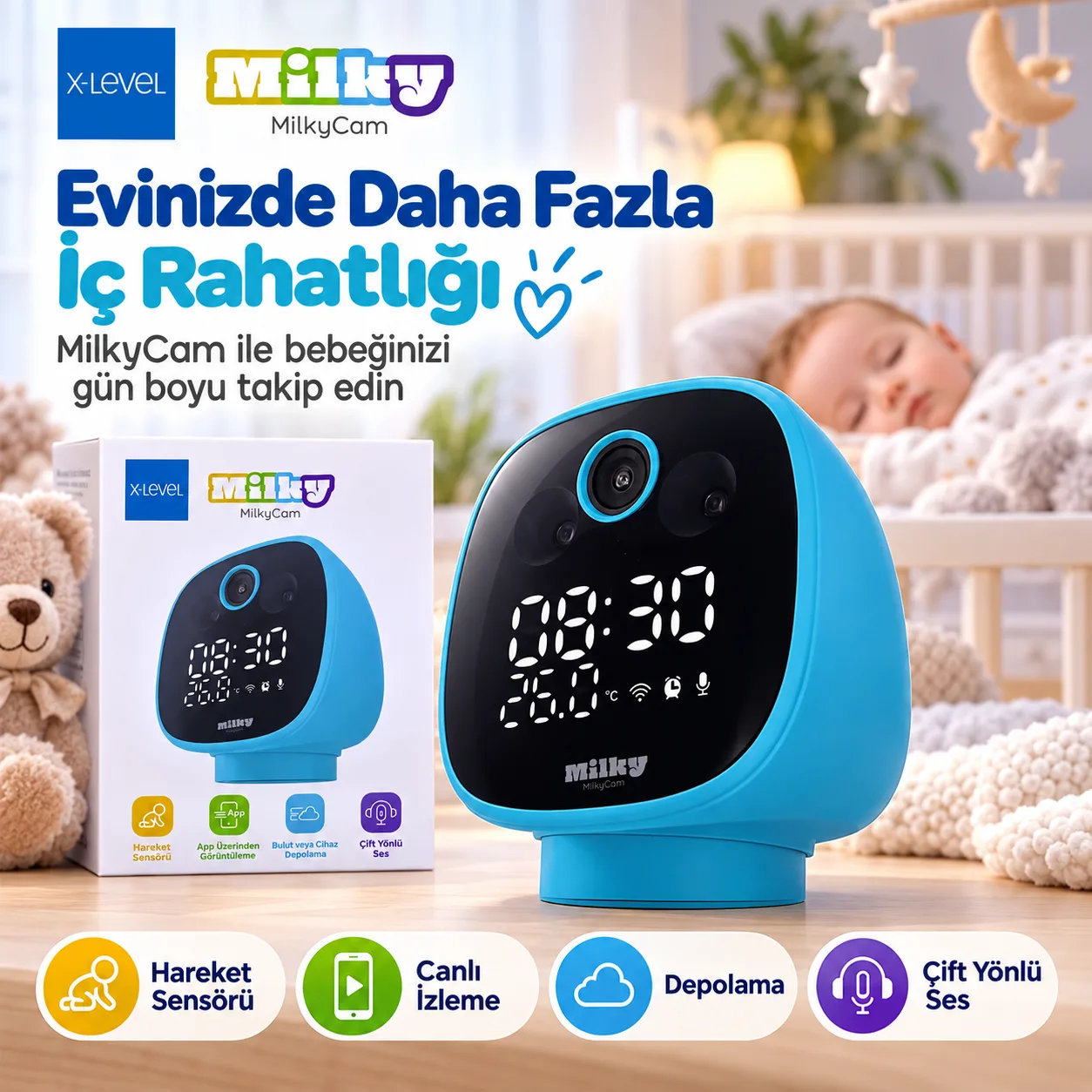 X-Level MilkyCam Akıllı Bebek Kamerası – WiFi, Hareket Sensörü, Çift Yönlü Ses ve Mobil Uygulama