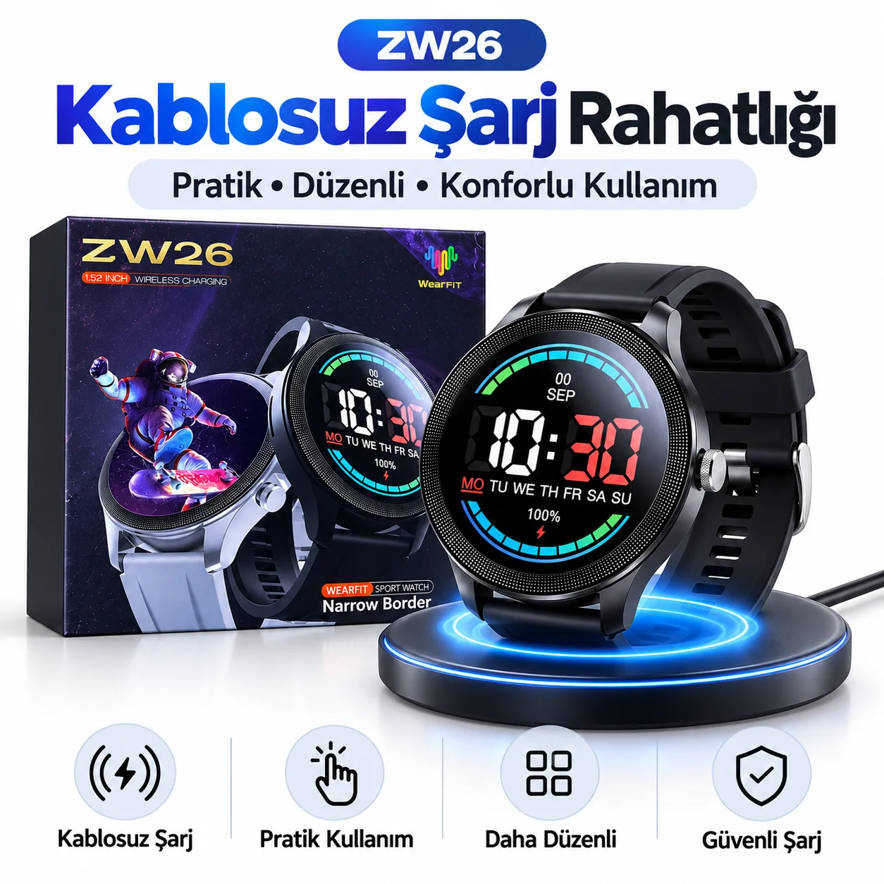 ZW26 Akıllı Saat – 1.52 İnç Geniş Ekran, Kablosuz Şarj ve WearFit Desteği