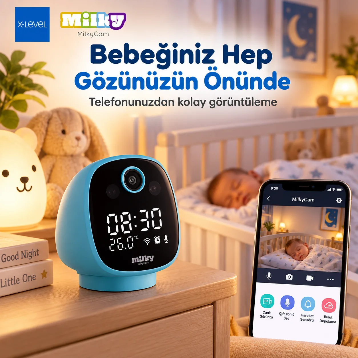 X-Level MilkyCam Akıllı Bebek Kamerası – WiFi, Hareket Sensörü, Çift Yönlü Ses ve Mobil Uygulama