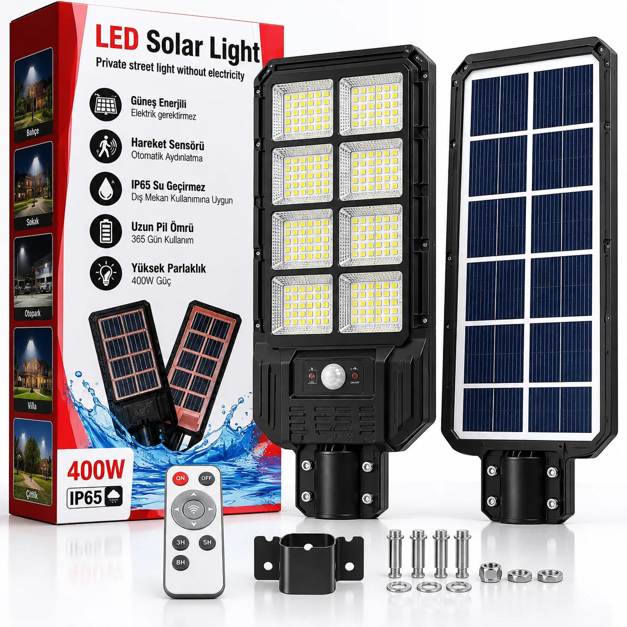 400W Güneş Enerjili LED Solar Sokak Lambası – IP65, Hareket Sensörlü ve Kumandalı