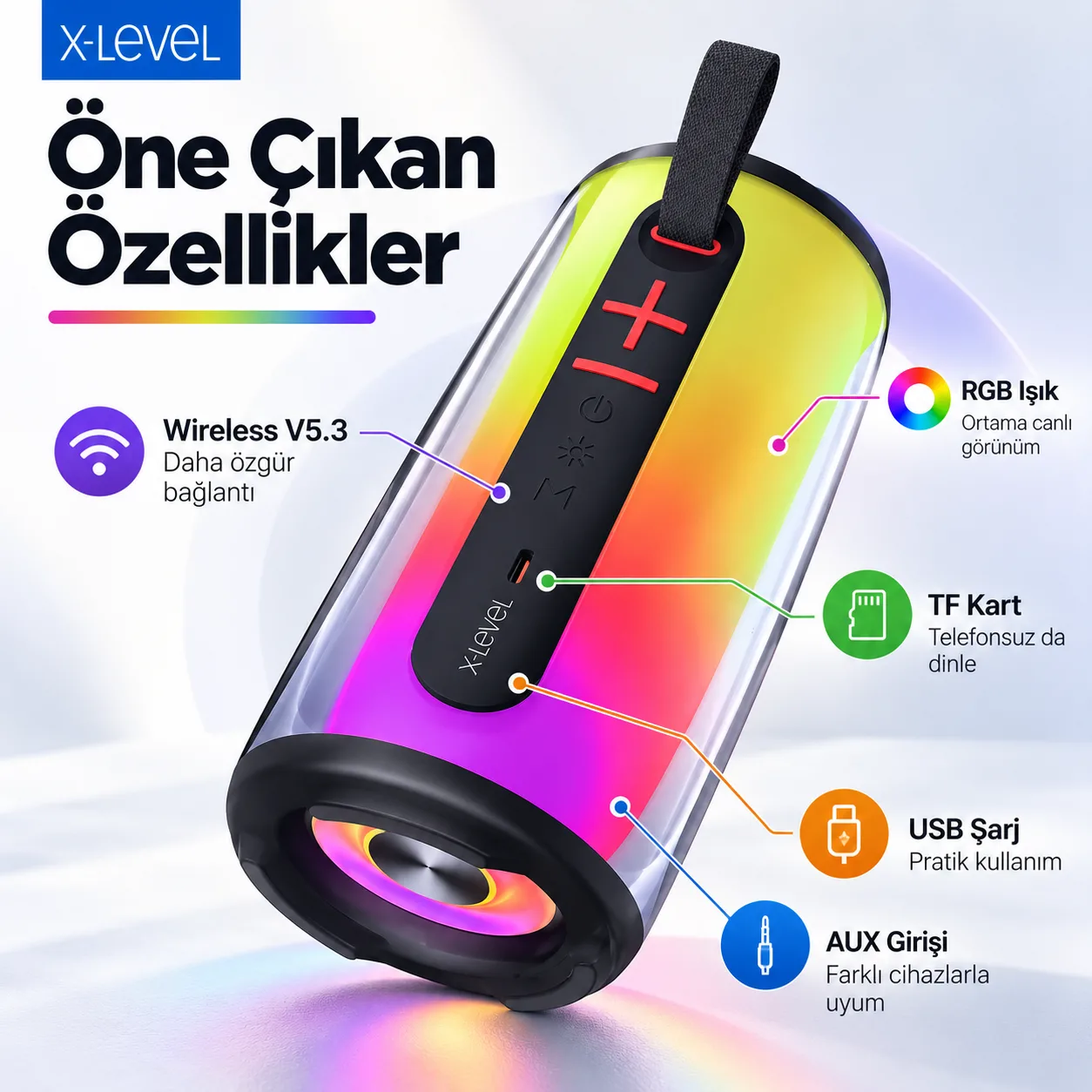 X-Level X-SoundSpeaker RGB Bluetooth Hoparlör – Bluetooth 5.3, TF Kart, AUX ve USB Destekli