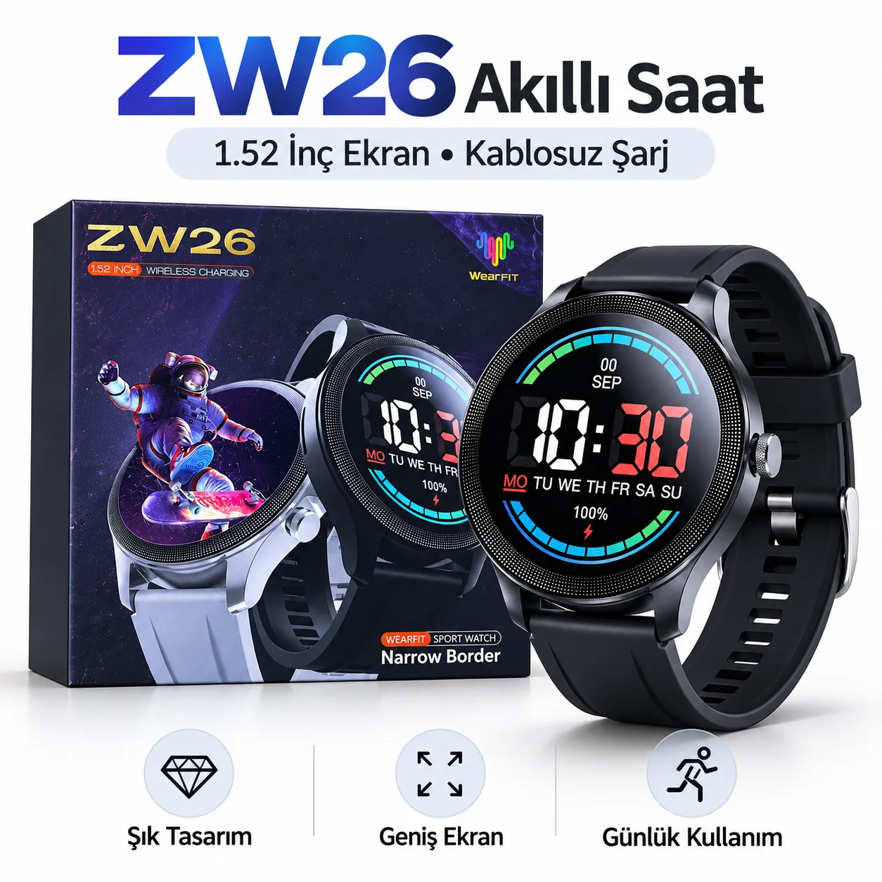 ZW26 Akıllı Saat – 1.52 İnç Geniş Ekran, Kablosuz Şarj ve WearFit Desteği