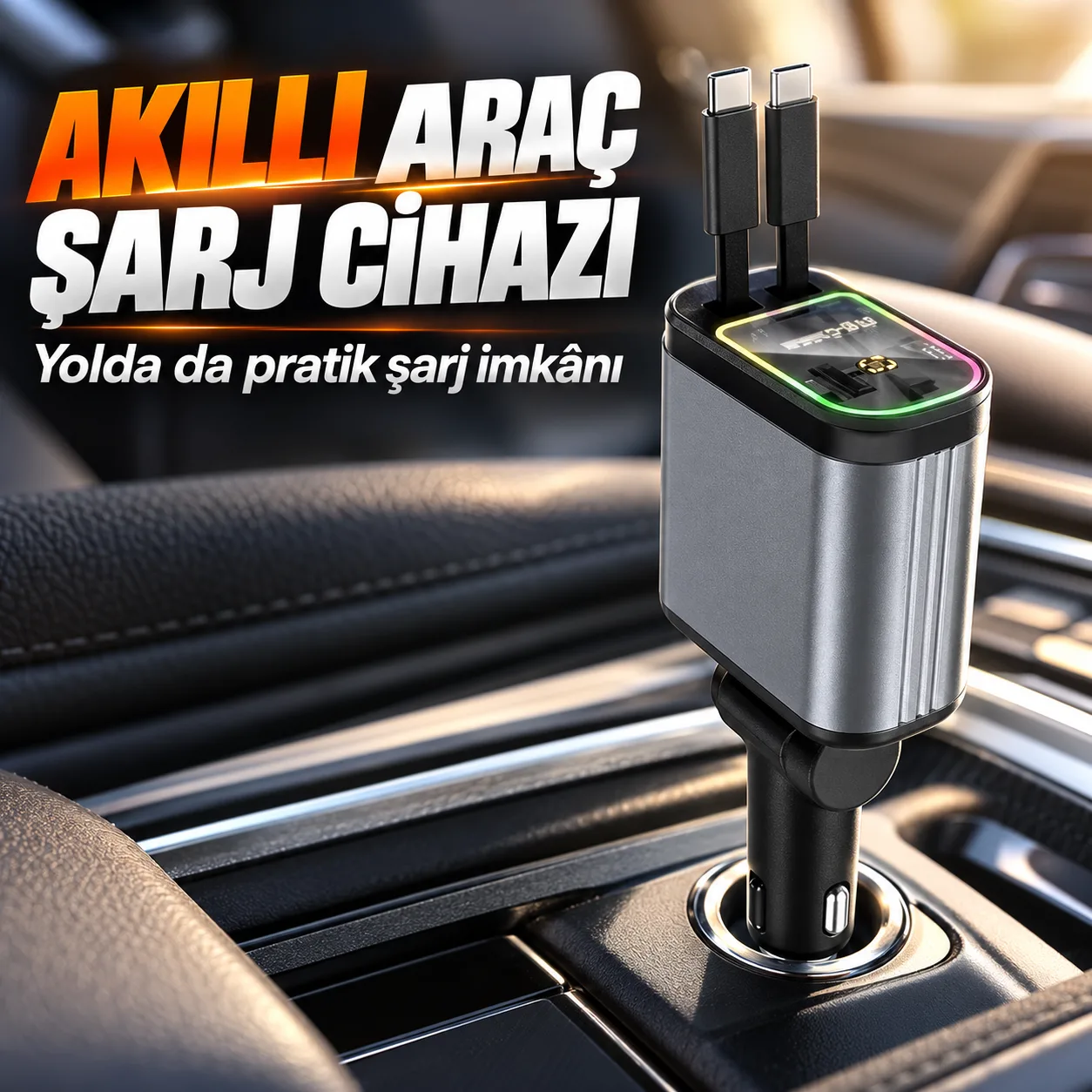 66W Araç Şarj Cihazı – Type-C, Lightning, RGB