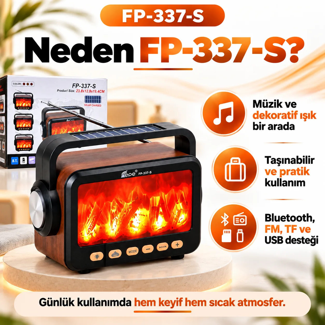 FP-337-S Kablosuz Bluetooth Hoparlör – Alev Efektli, Solar Şarjlı, FM Radyolu ve USB/TF Kart Destekli