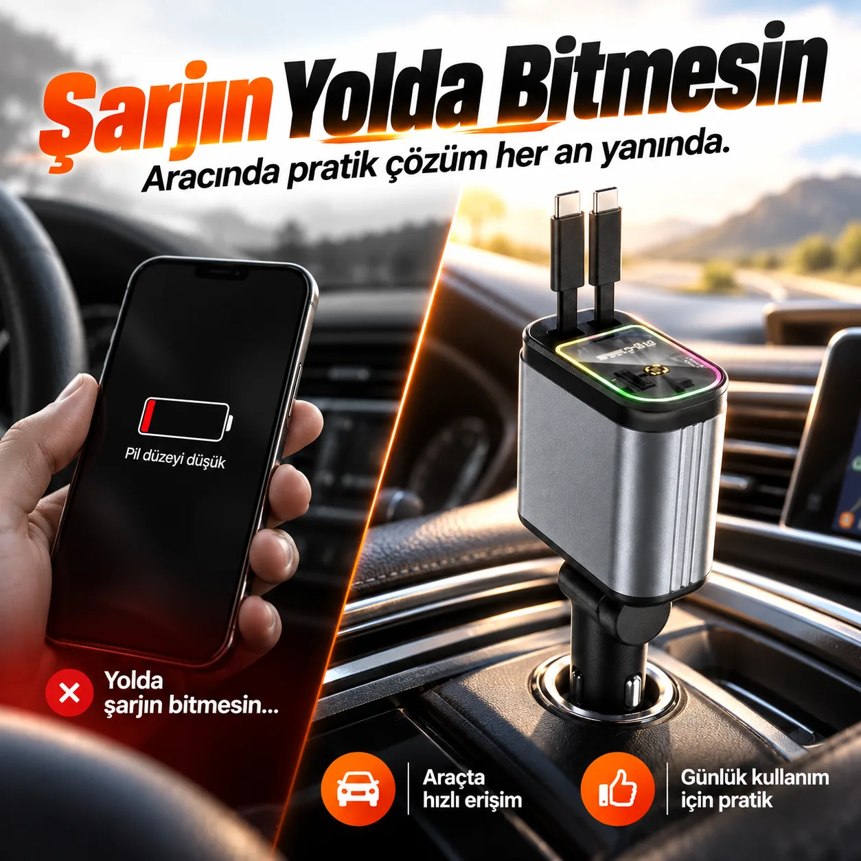 66W Araç Şarj Cihazı – Type-C, Lightning, RGB