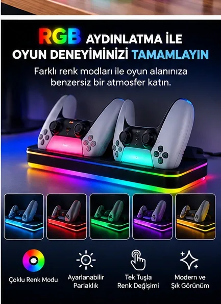 Bakeey PS5 Şarj Standı – Fanlı, RGB, Çift Kol Şarj