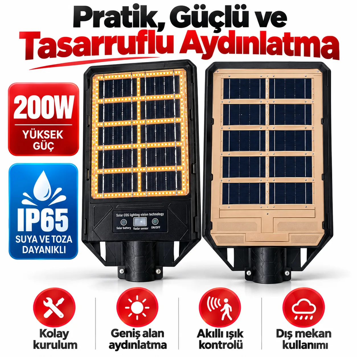 200W Güneş Enerjili LED Solar Sokak Lambası – IP65, Sensörlü ve Kumandalı Dış Mekan Aydınlatma