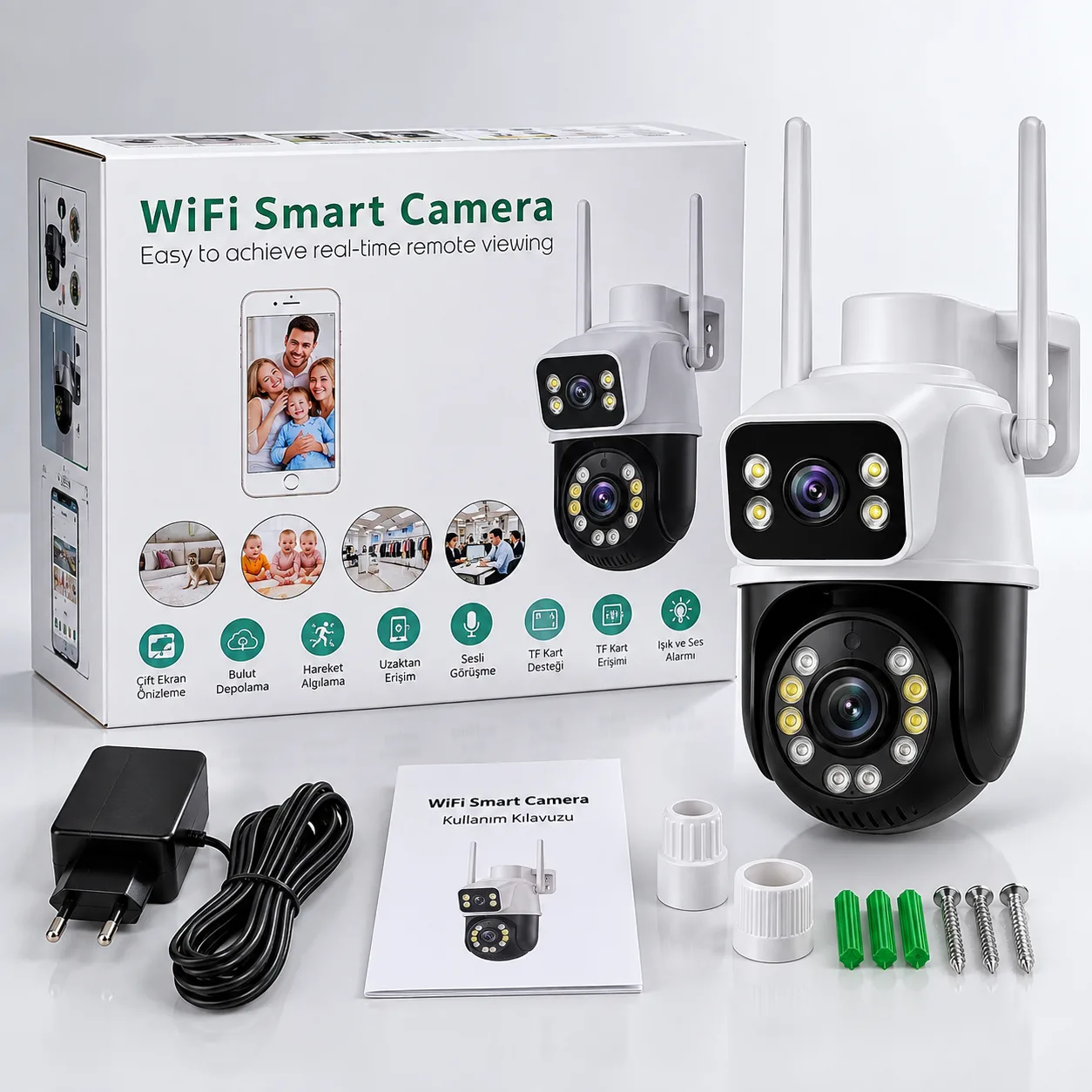WiFi Akıllı Güvenlik Kamerası – Çift Kameralı, Hareket Algılama, Gece Görüşü ve Sesli Görüşme