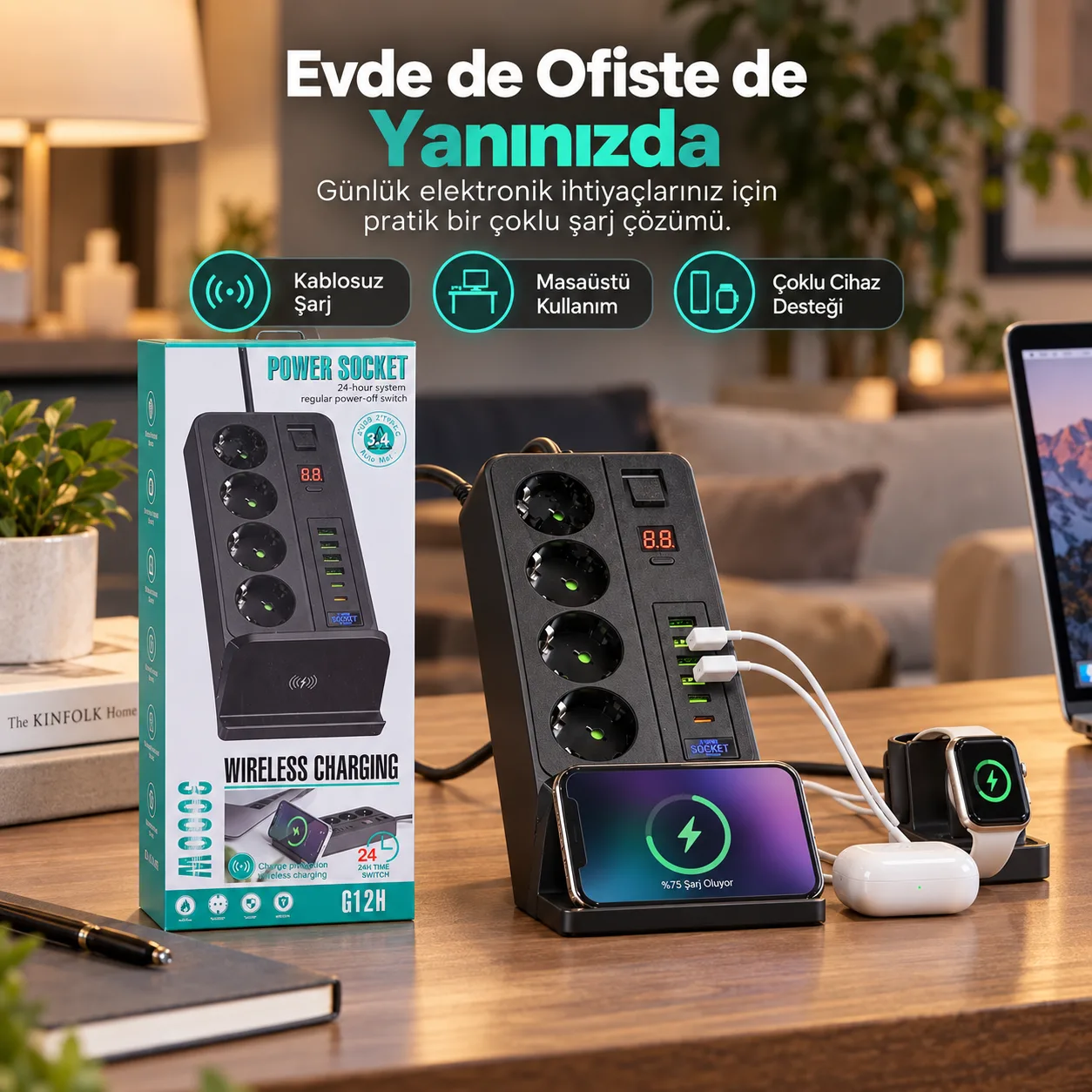 H1000 G12H Kablosuz Şarjlı Akıllı Çoklu Priz – 3000W, 4 Priz, USB ve Type-C Çıkışlı