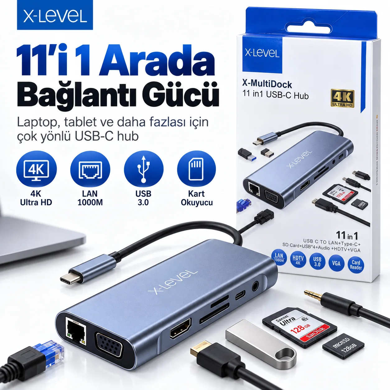 X-Level X-MultiDock 11'i 1 Arada USB-C Hub – 4K HDMI, Gigabit Ethernet, USB 3.0, VGA ve Kart Okuyucu