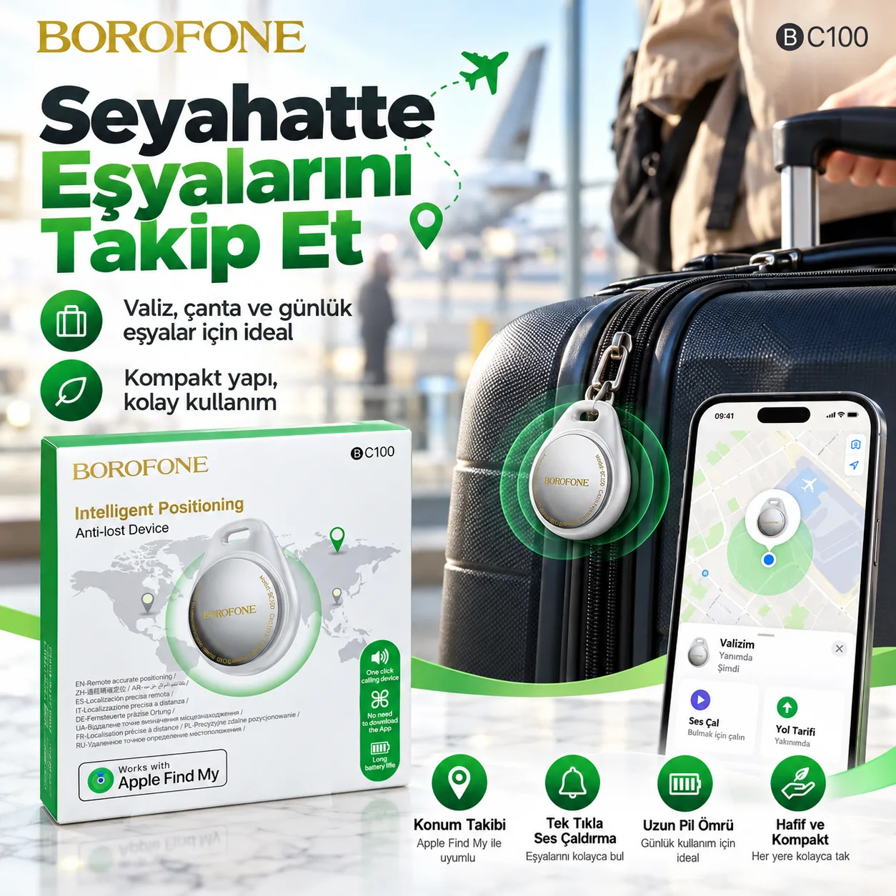 Borofone BC100 Apple Find My Uyumlu Akıllı Konum Takip Cihazı – Kayıp Önleyici Bluetooth Tracker