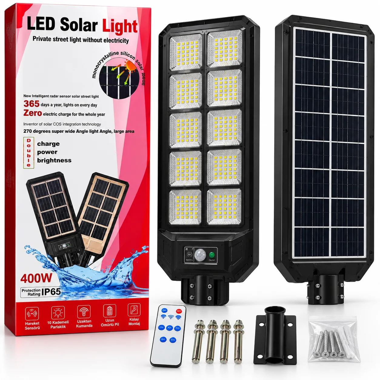 400W Güneş Enerjili LED Solar Sokak Lambası – IP65, Hareket Sensörlü ve Kumandalı