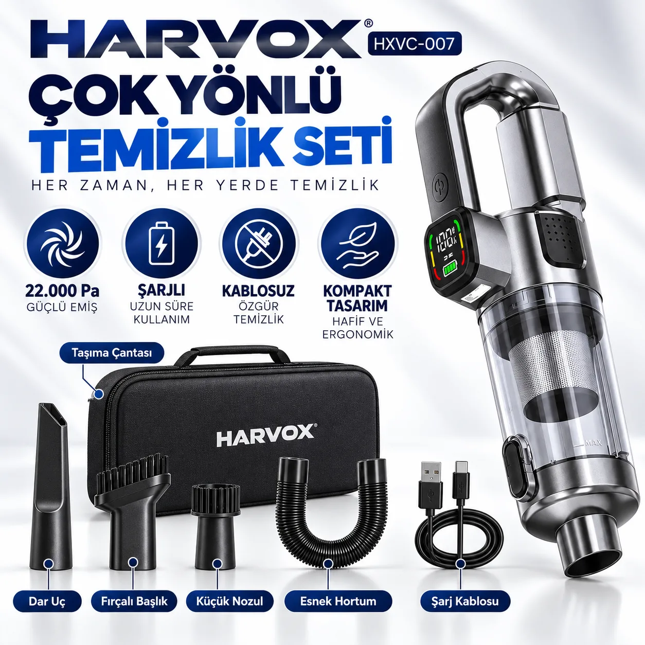 Harvox HXVC-007 Kablosuz Araç İçi Süpürge – 22.000 Pa Güçlü Emiş, Şarjlı ve Çok Başlıklı