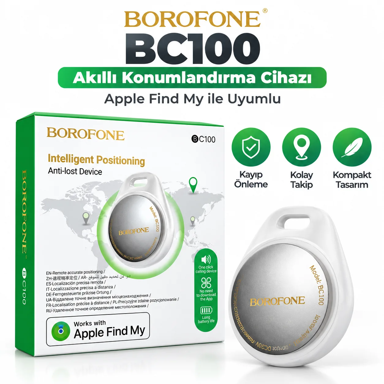 Borofone BC100 Apple Find My Uyumlu Akıllı Konum Takip Cihazı – Kayıp Önleyici Bluetooth Tracker