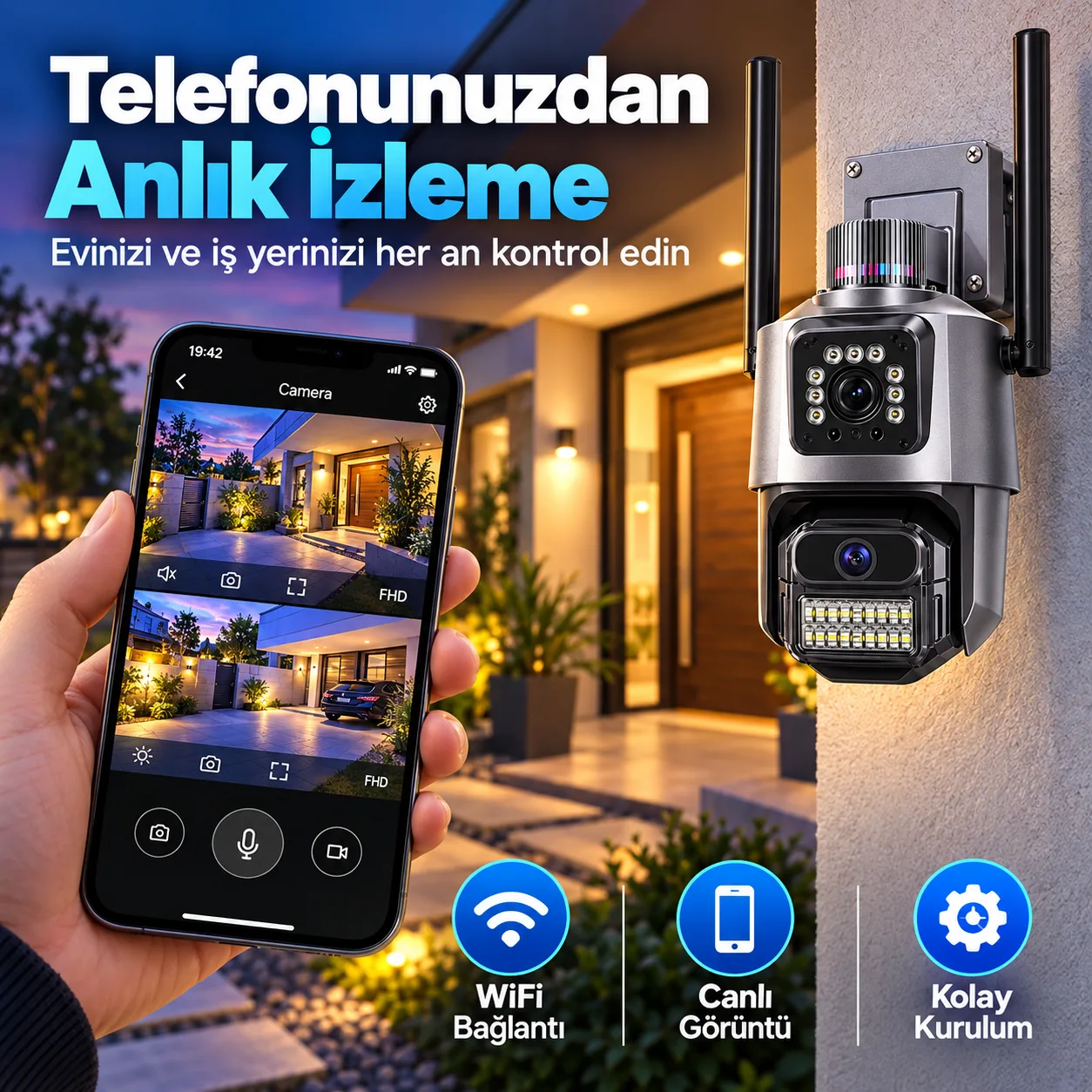 Model B Çift Lens WiFi Akıllı Güvenlik Kamerası – IP66, Gece Görüşlü ve Hareket Algılamalı