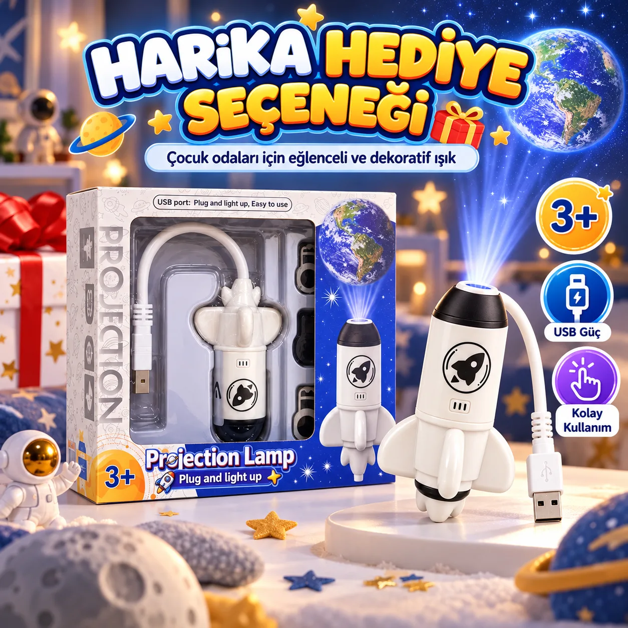 USB Roket Projeksiyon Lambası – Dünya Yansıtmalı Esnek Gece Işığı