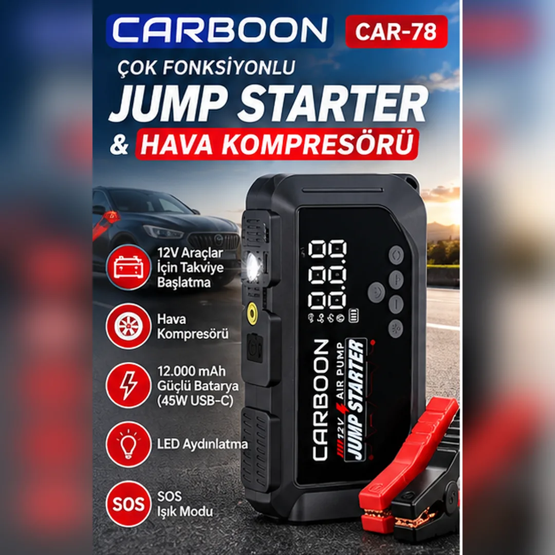 Carboon CAR-78 Jump Starter ve Hava Kompresörü – 12.000 mAh Akü Takviye, 45W USB-C ve Dijital Lastik Şişirme