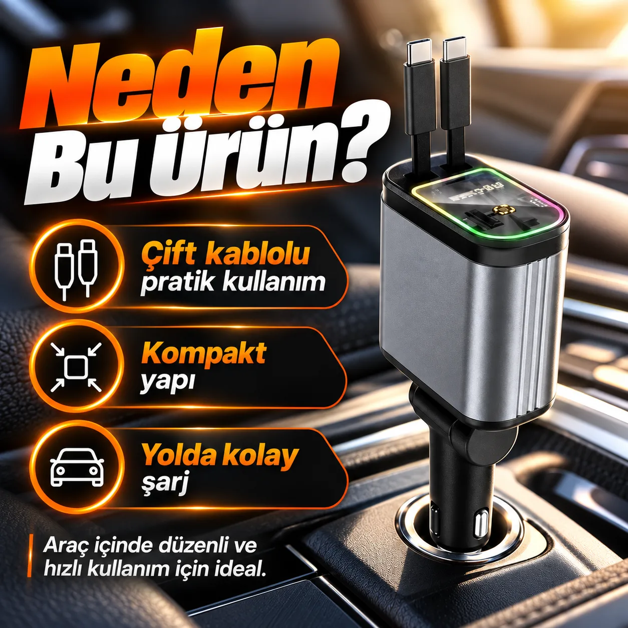 66W Araç Şarj Cihazı – Type-C, Lightning, RGB