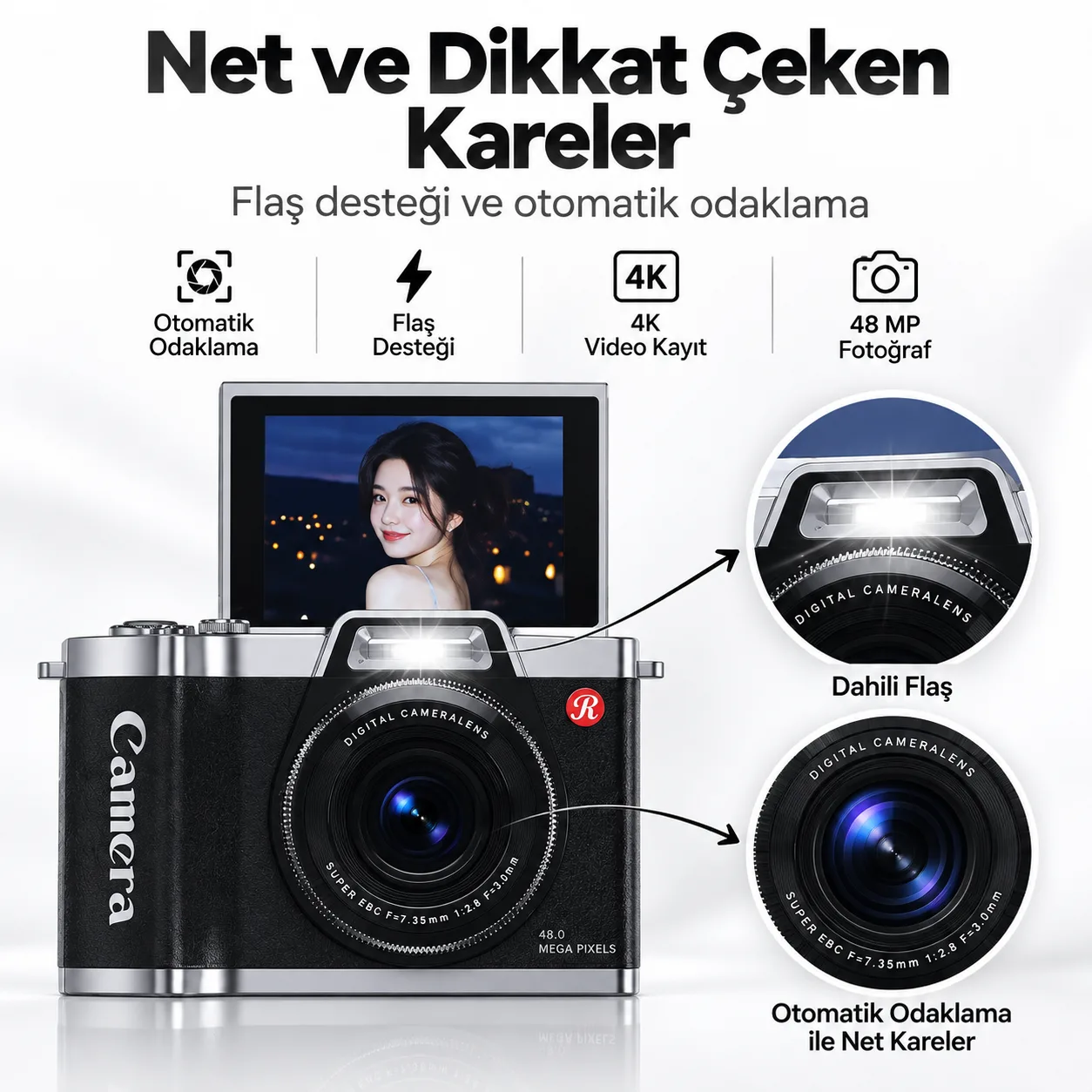 Retro Style 4K Dijital Kamera – 48 MP, 2.4 İnç HD Ekran, Otomatik Odaklama ve Flaş