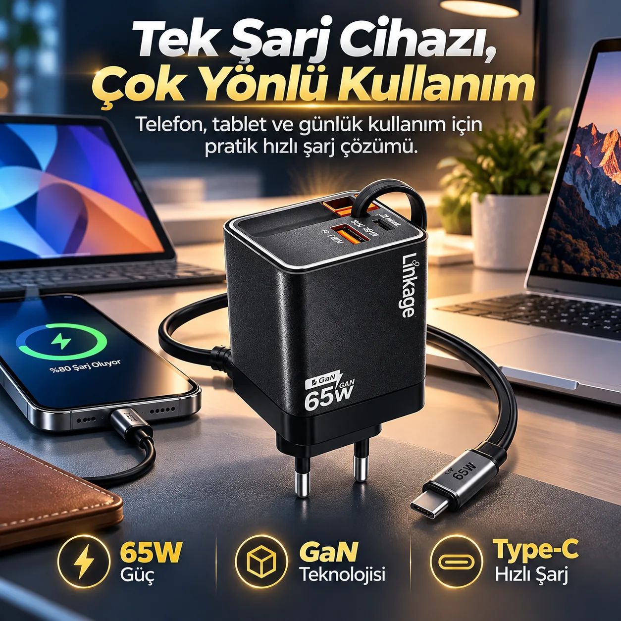 65W GaN Hızlı Şarj Adaptörü – Type-C PD, USB