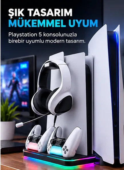 Bakeey PS5 Şarj Standı – Fanlı, RGB, Çift Kol Şarj