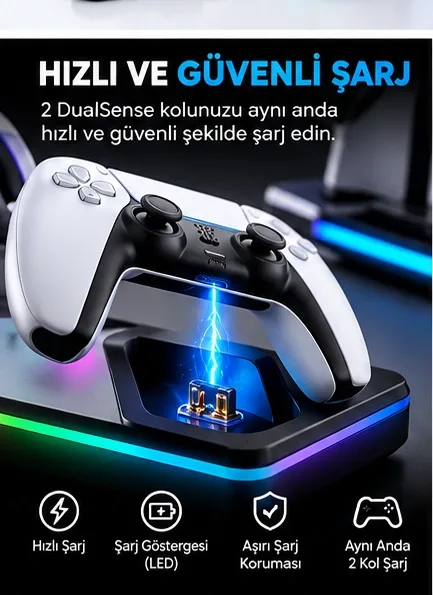 Bakeey PS5 Şarj Standı – Fanlı, RGB, Çift Kol Şarj