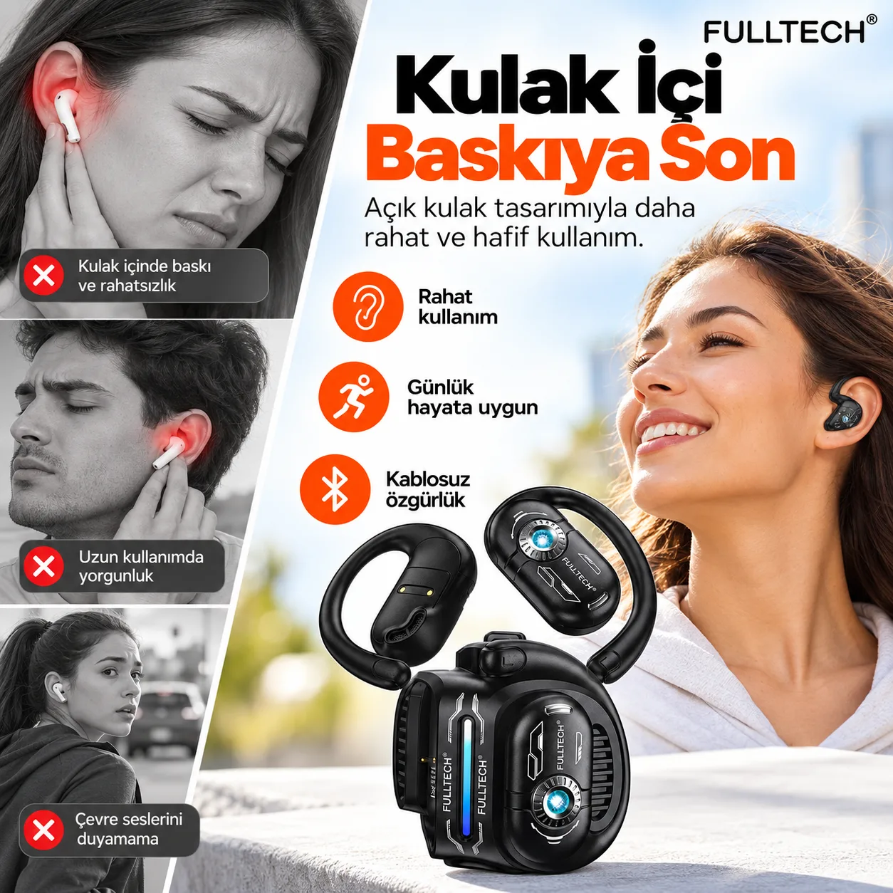 Fulltech OWS Open Air Kablosuz Kulaklık – Bluetooth 5.4, Açık Kulak Tasarımı ve Şarj Kutusu