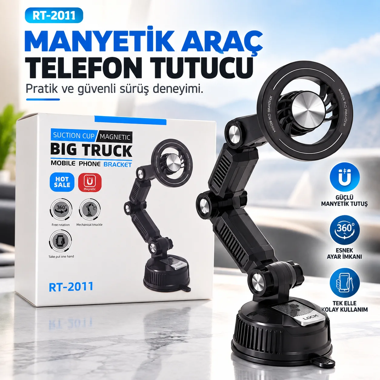 RT-2011 Manyetik Araç Telefon Tutucu – Vakumlu, 360° Ayarlanabilir Güçlü Mıknatıslı Tutacak