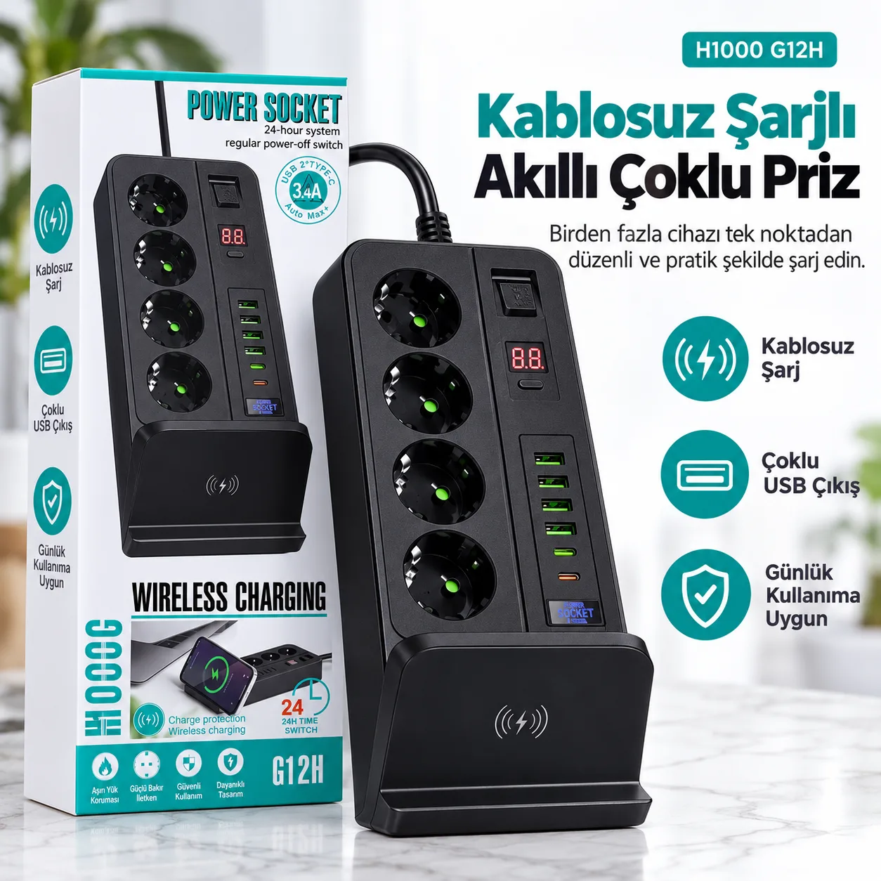 H1000 G12H Kablosuz Şarjlı Akıllı Çoklu Priz – 3000W, 4 Priz, USB ve Type-C Çıkışlı