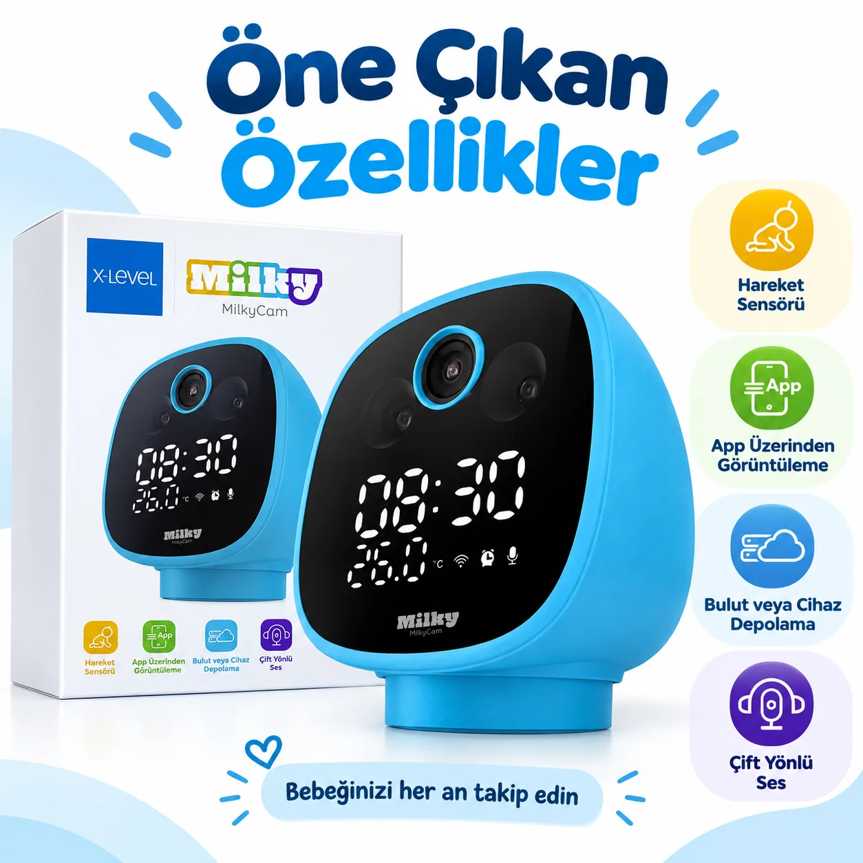 X-Level MilkyCam Akıllı Bebek Kamerası – WiFi, Hareket Sensörü, Çift Yönlü Ses ve Mobil Uygulama