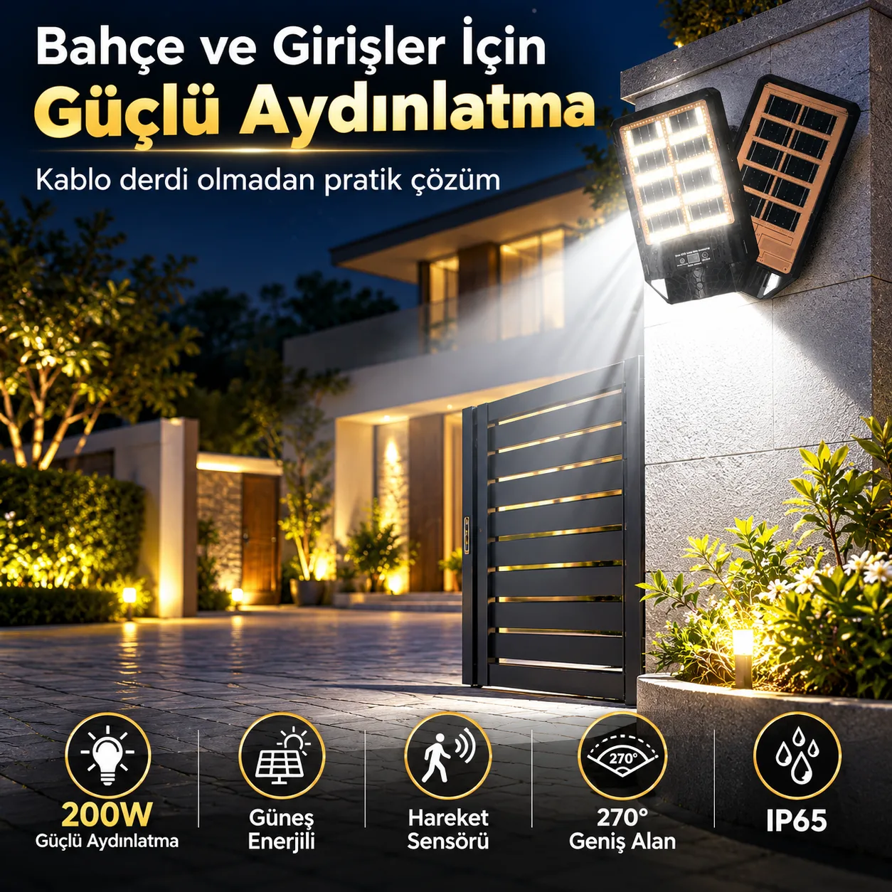 200W Güneş Enerjili LED Solar Sokak Lambası – IP65, Sensörlü ve Kumandalı Dış Mekan Aydınlatma