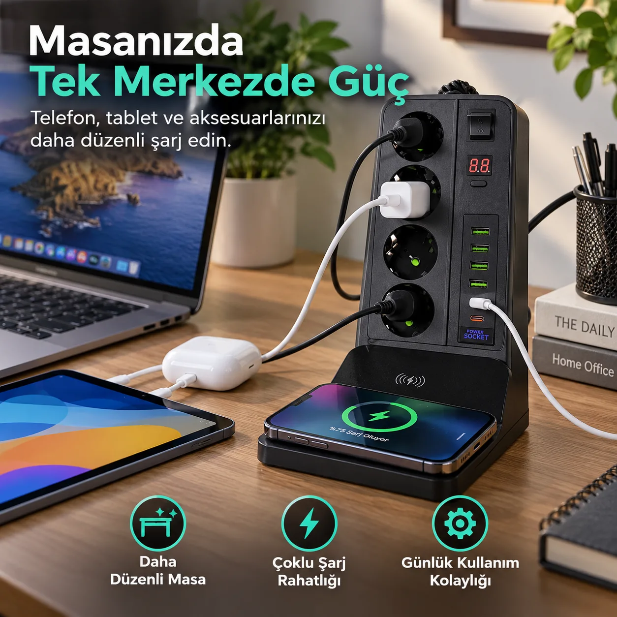 H1000 G12H Kablosuz Şarjlı Akıllı Çoklu Priz – 3000W, 4 Priz, USB ve Type-C Çıkışlı