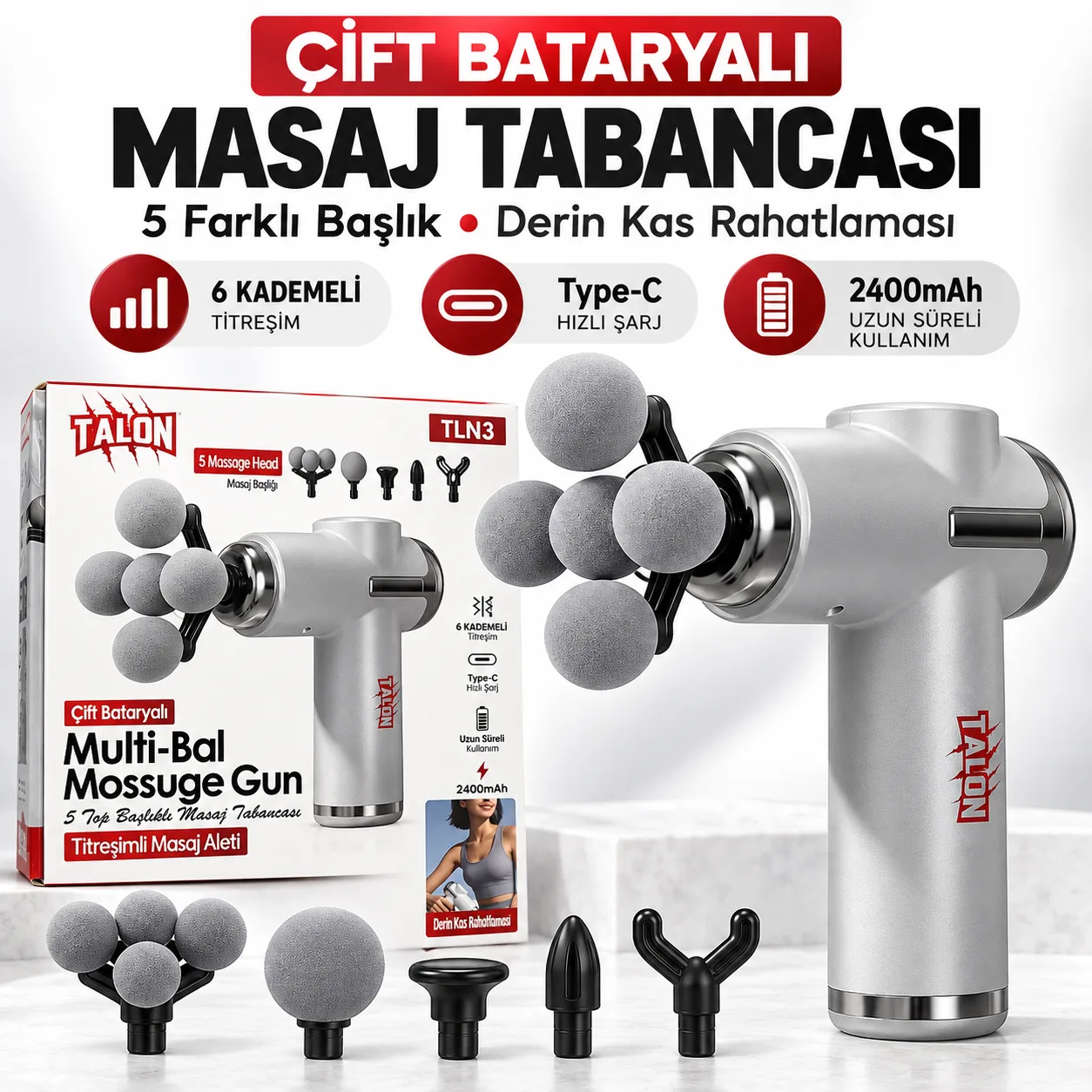 Talon TLN3 Çift Bataryalı Masaj Tabancası – 5 Başlıklı, 6 Kademeli Titreşim, 2400 mAh