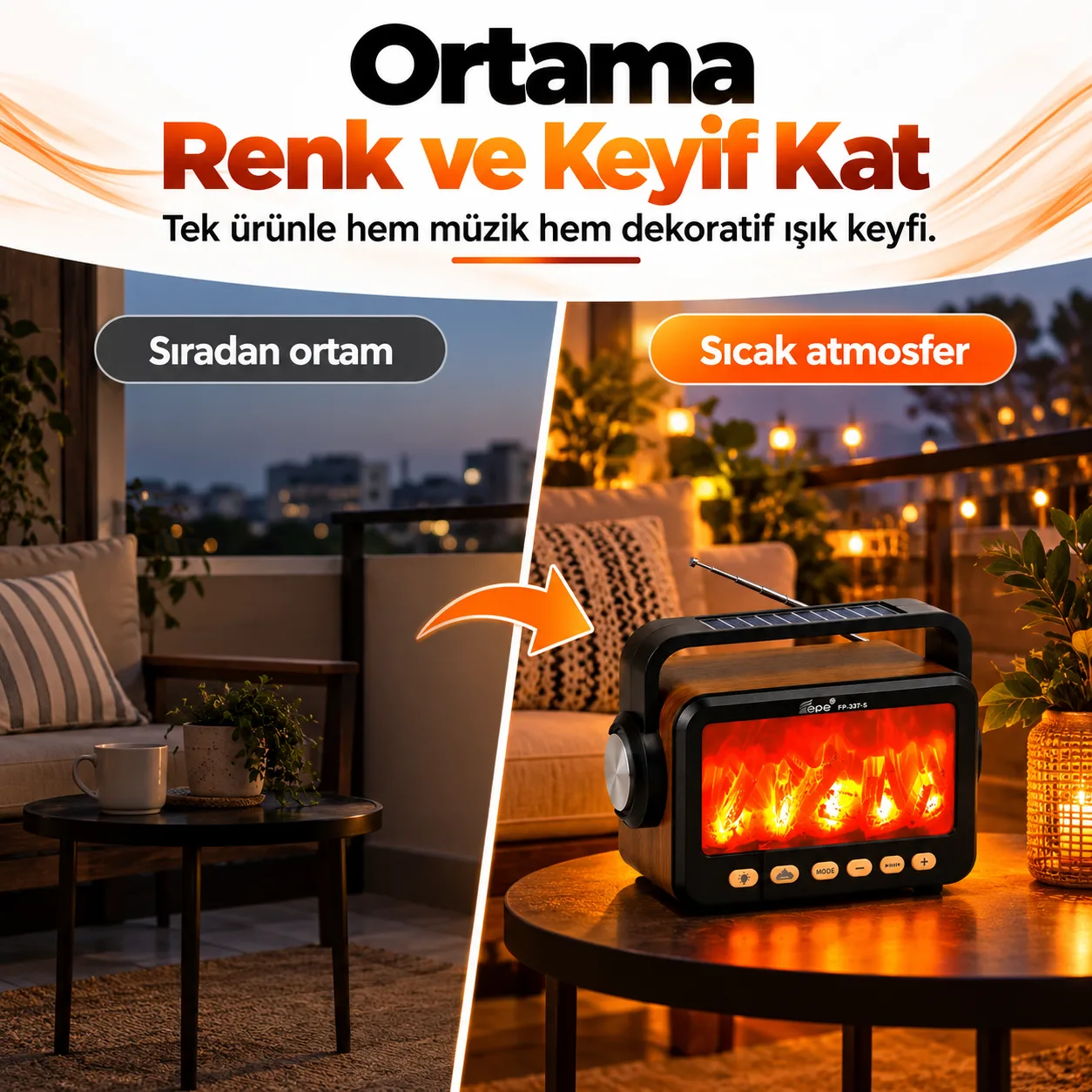 FP-337-S Kablosuz Bluetooth Hoparlör – Alev Efektli, Solar Şarjlı, FM Radyolu ve USB/TF Kart Destekli