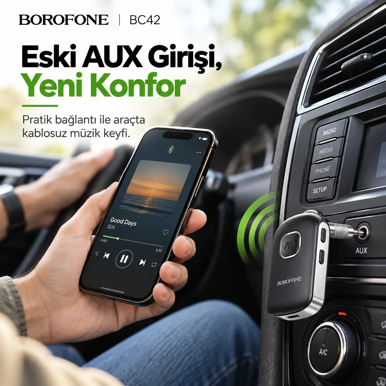 Borofone BC42 Bluetooth 5.0 AUX Araç Adaptörü – Kablosuz Müzik Alıcısı