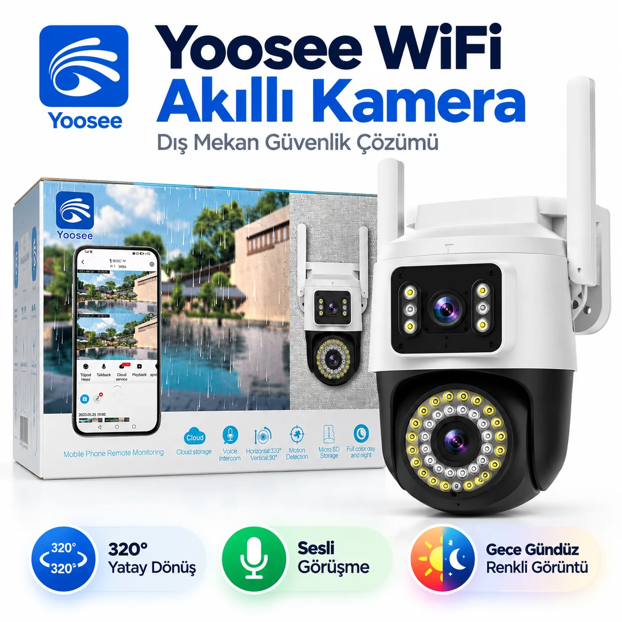 Yoosee WiFi Akıllı Güvenlik Kamerası – Çift Kameralı, 320° Döner, Gece Görüşlü Dış Mekan Kamera